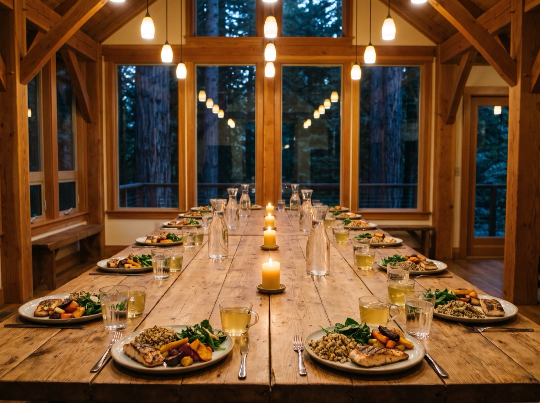 Long dinner table set with water and herbal tea under the redwoods