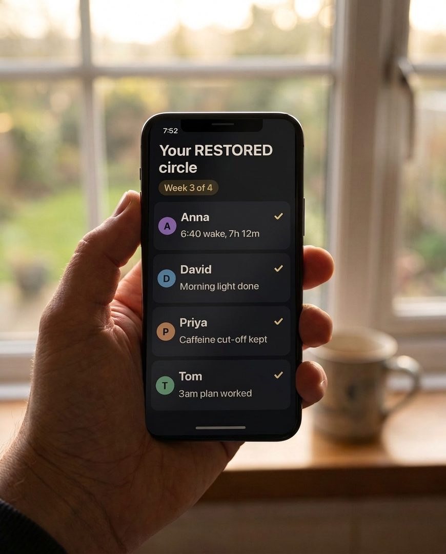 A hand holding a phone at a kitchen window, showing the circle feed in FirstLight
