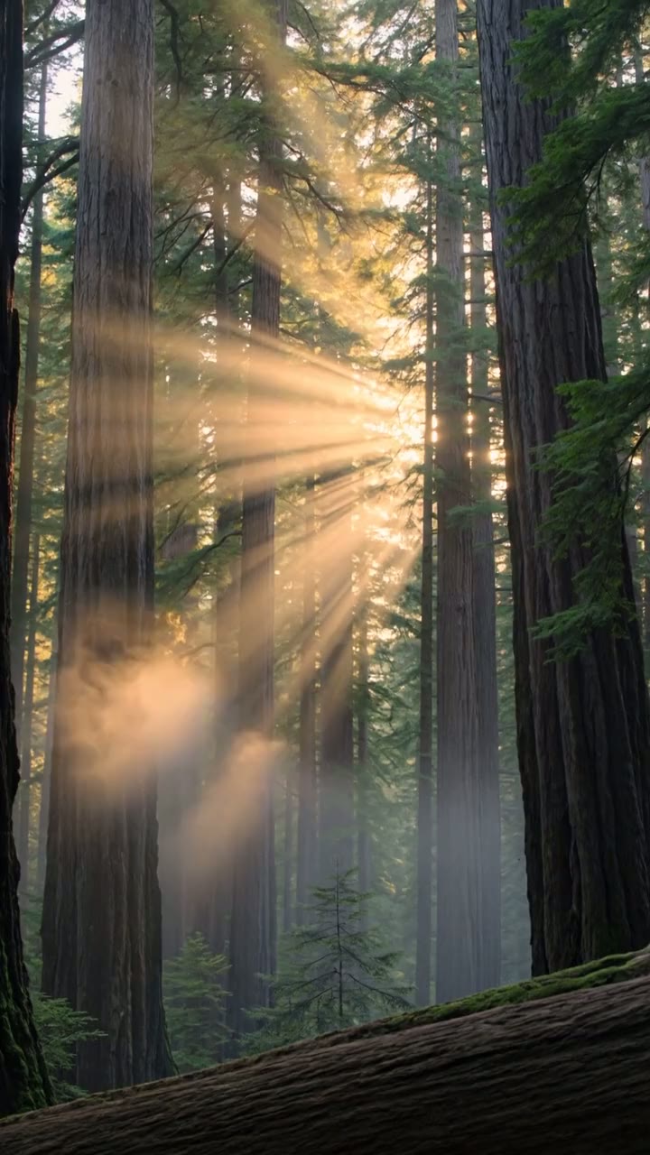 Morning sunlight breaking through the redwood canopy