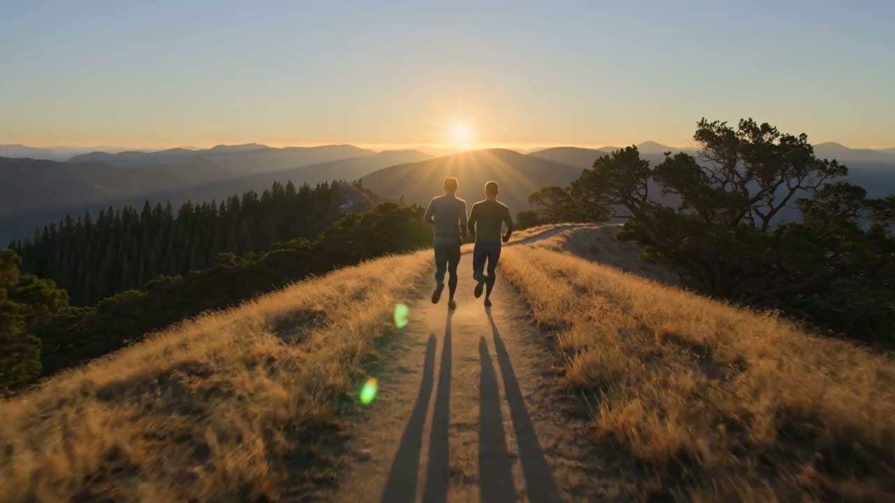 Two runners on a ridge trail at golden hour, seen from behind
