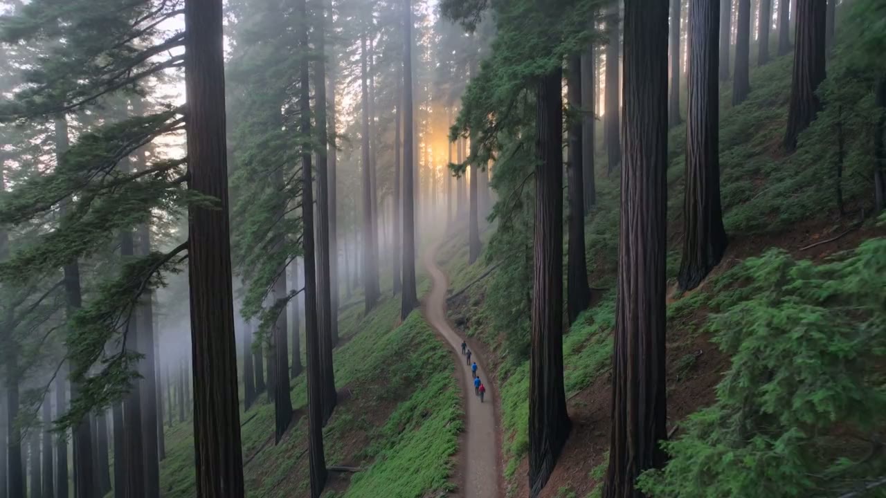 A small group walking a redwood trail in early light, seen from above